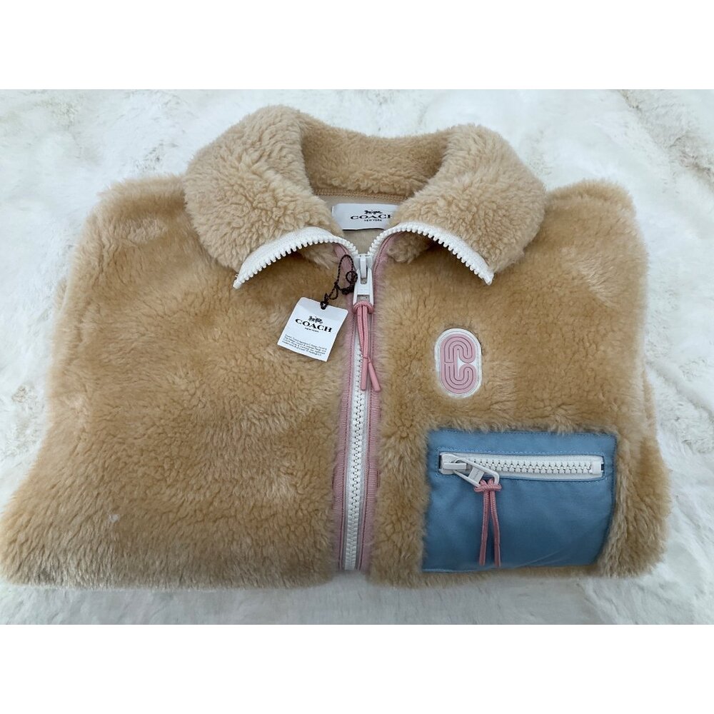 COACH Sherpa Zip-Up Jacket size XS Cream  Excellent Condition! - Picture 12 of 13